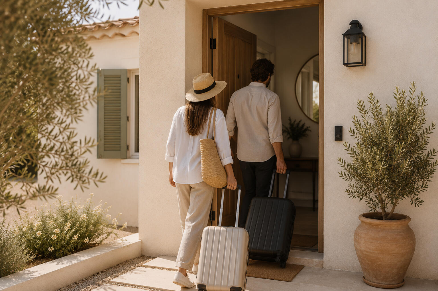 Returning to Your Algarve Home After Time Away Couple arriving at their Algarve second home with suitcases after time away, illustrating returning to a holiday property in the Algarve.