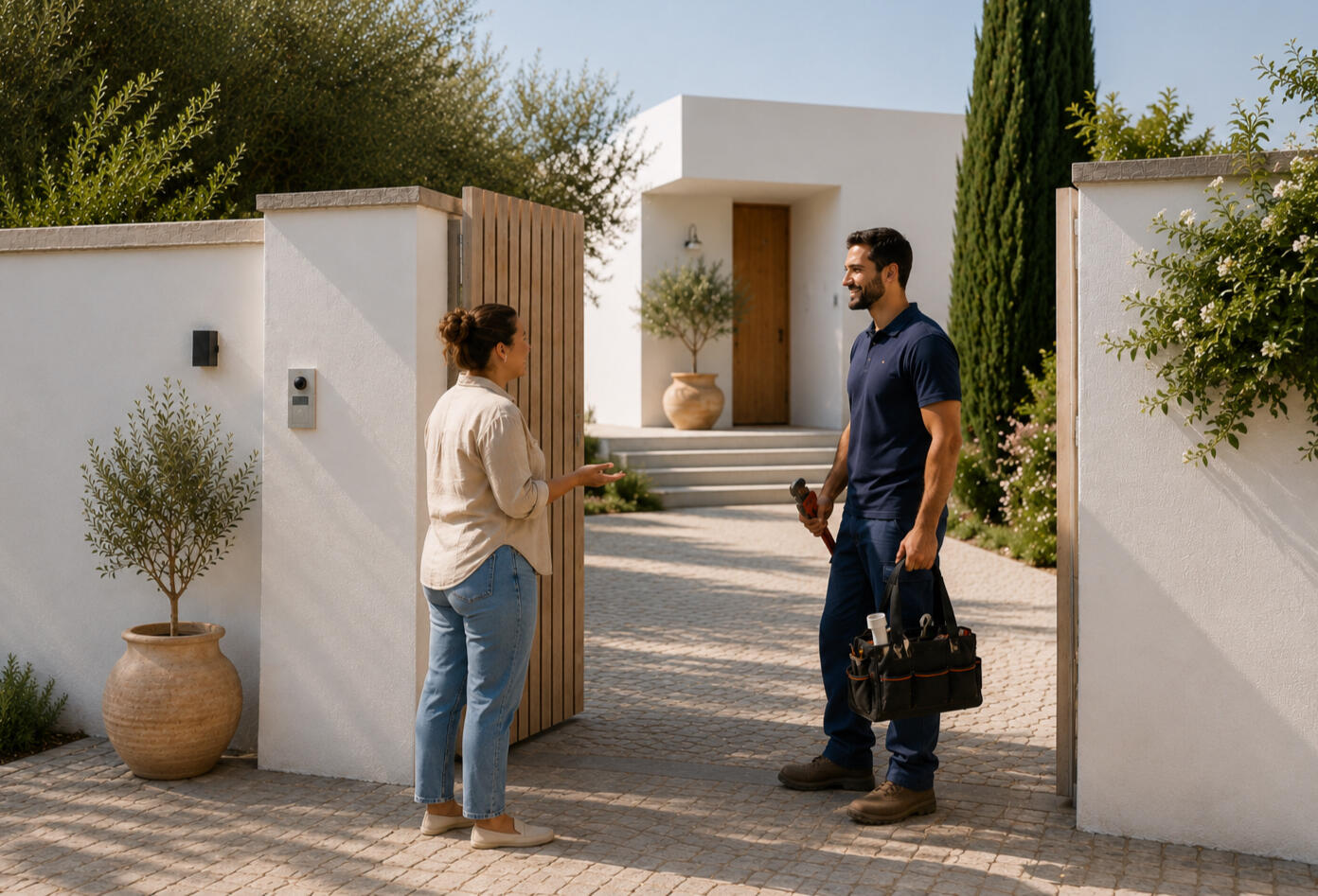 A homeowner welcoming a maintenance professional through the entrance gate of a modern Algarve villa, reflecting trusted local property care, supervised access, and hands-on home management while owners are abroad.