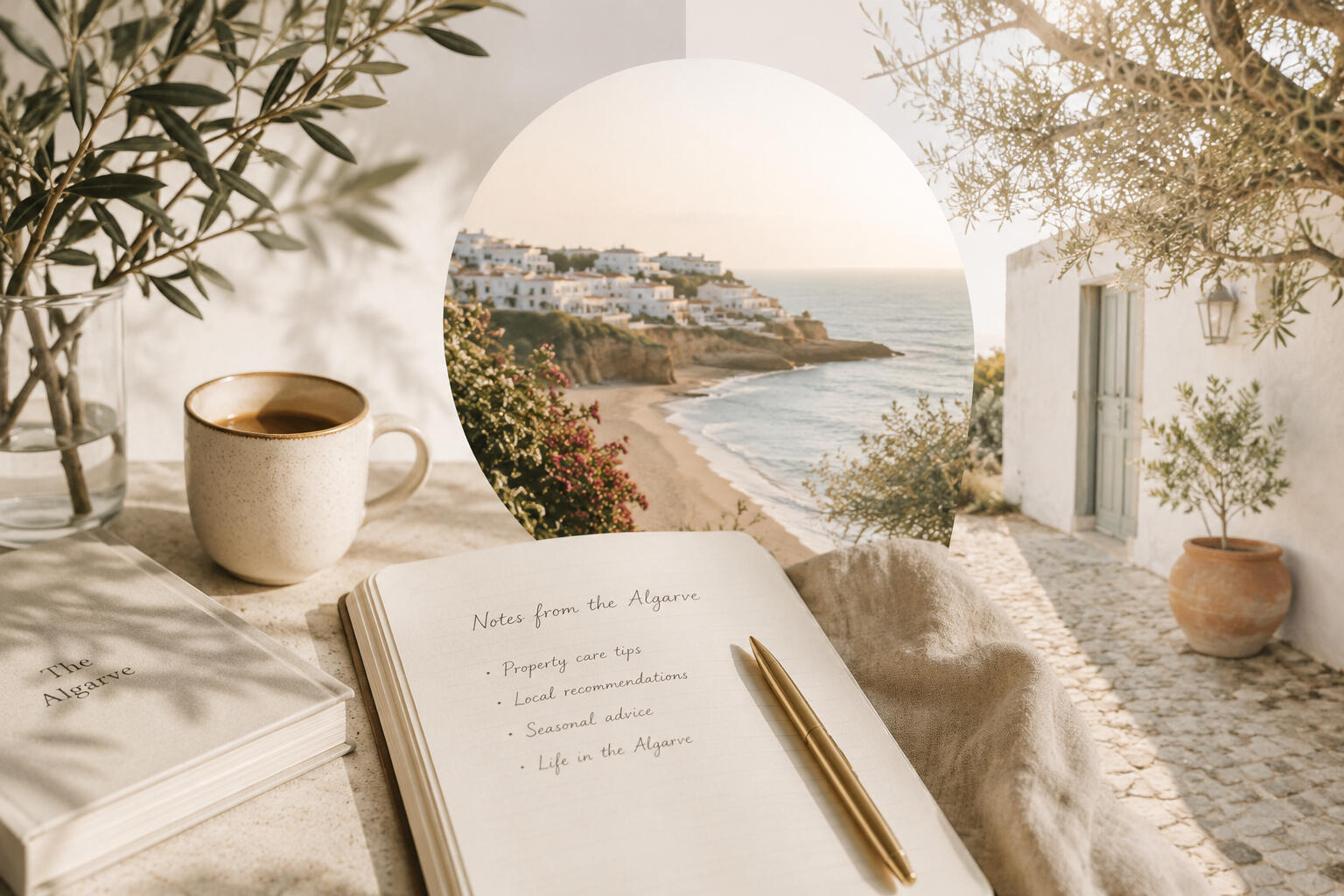 Keys & Care Algarve Journal – Property Care Insights & Life in the Algarve Editorial-style image representing property care, local knowledge and second home living in the Algarve, featuring a coastal Algarve setting with notes, coffee and Mediterranean surroundings.